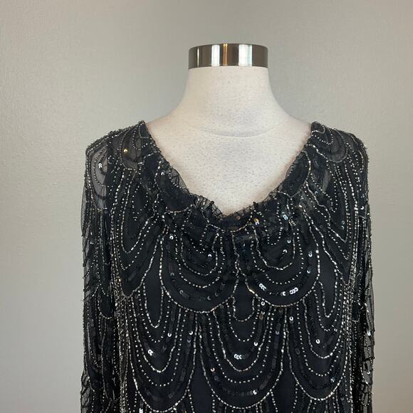 JKara Beaded Chiffon Long Sleeve A-Line Evening Gown Black Size 6 Formal Dress - Picture 5 of 9